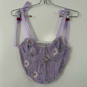 Lavender Floral Corset Ribbon Tie Top Embroidered Lace Fairycore Cottagecore